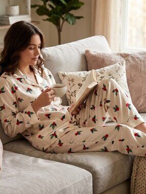 Lonxu NEW Satin Silk Luxury Playful Cherry print Two piece Loungeset pajamas, M